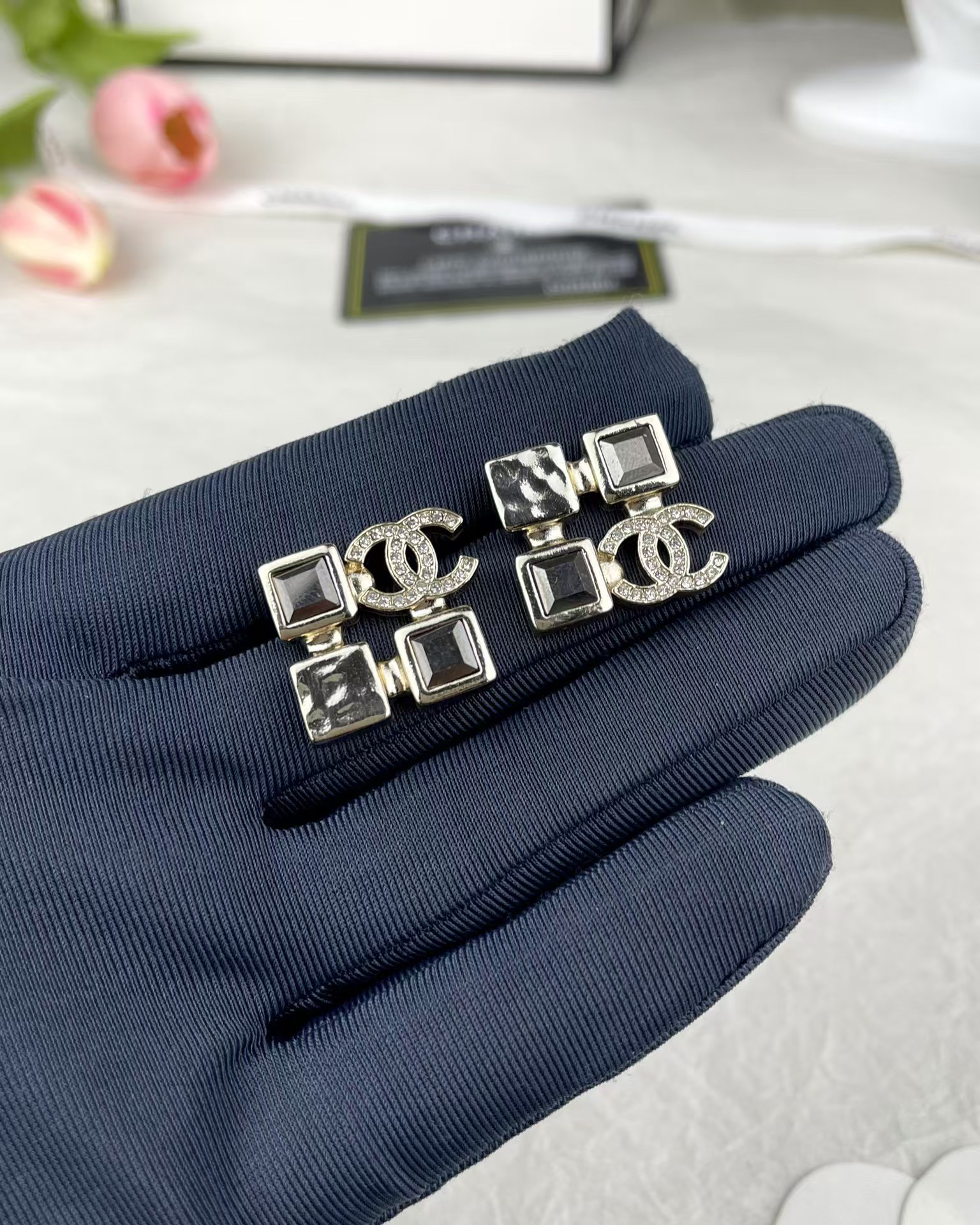 replica Chanel Square Rhinestone Earrings - H Lin Jewelry