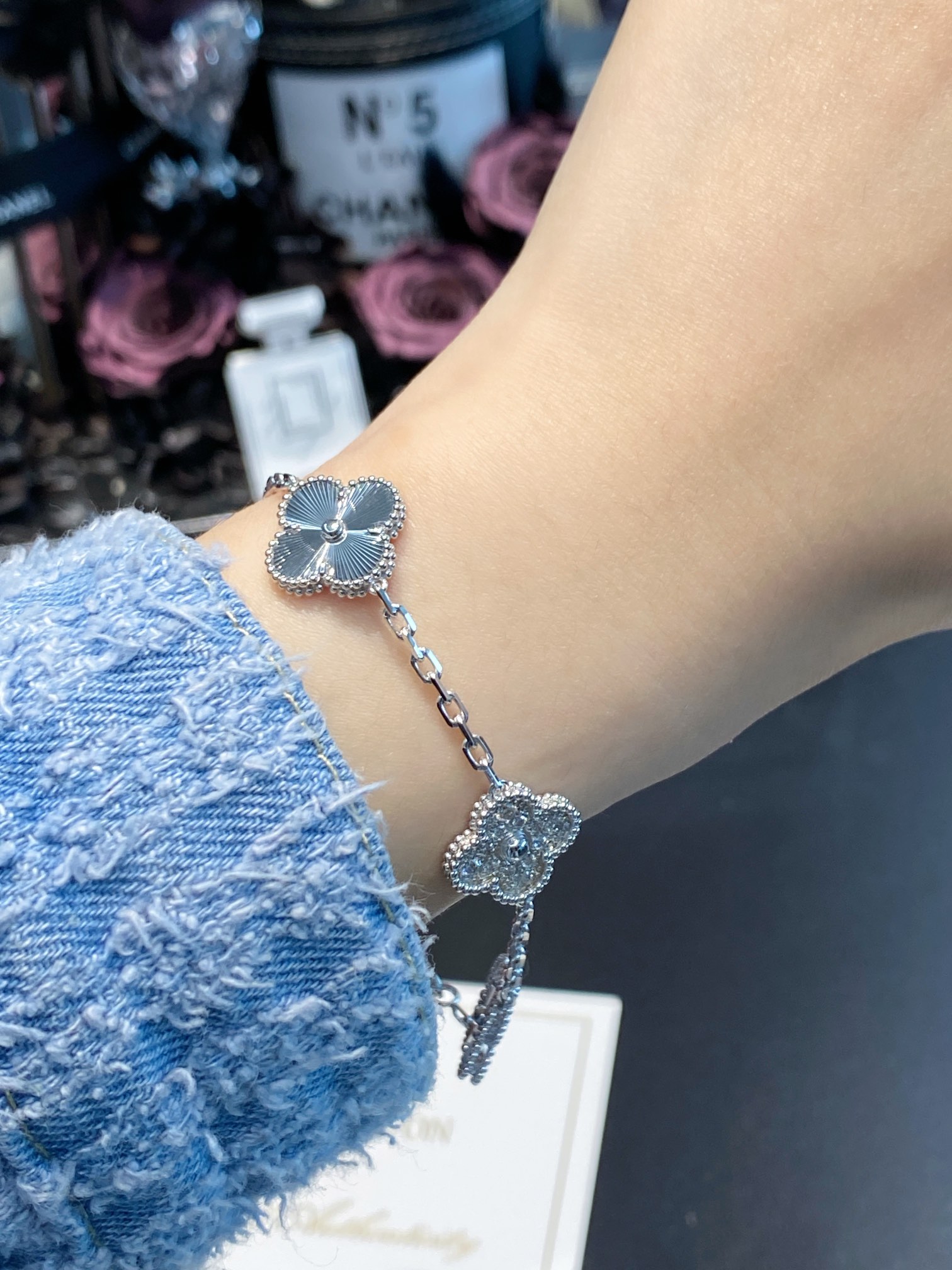 replica Van Cleef & Arpels Silver Diamond Vintage Alhambra Bracelet, 5 Motifs - H Lin Jewelry