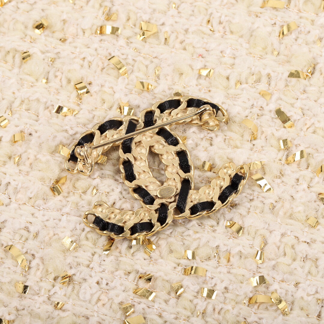 replica Chanel Leather Woven Diamond Paved Gold Brooch - H Lin Jewelry
