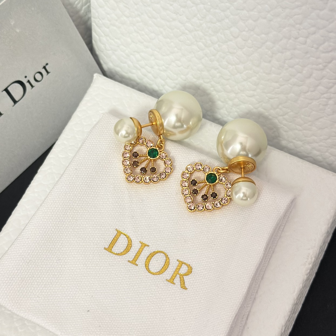 replica Dior Color Gem Heart Dangle Pearl Earrings - H Lin Jewelry