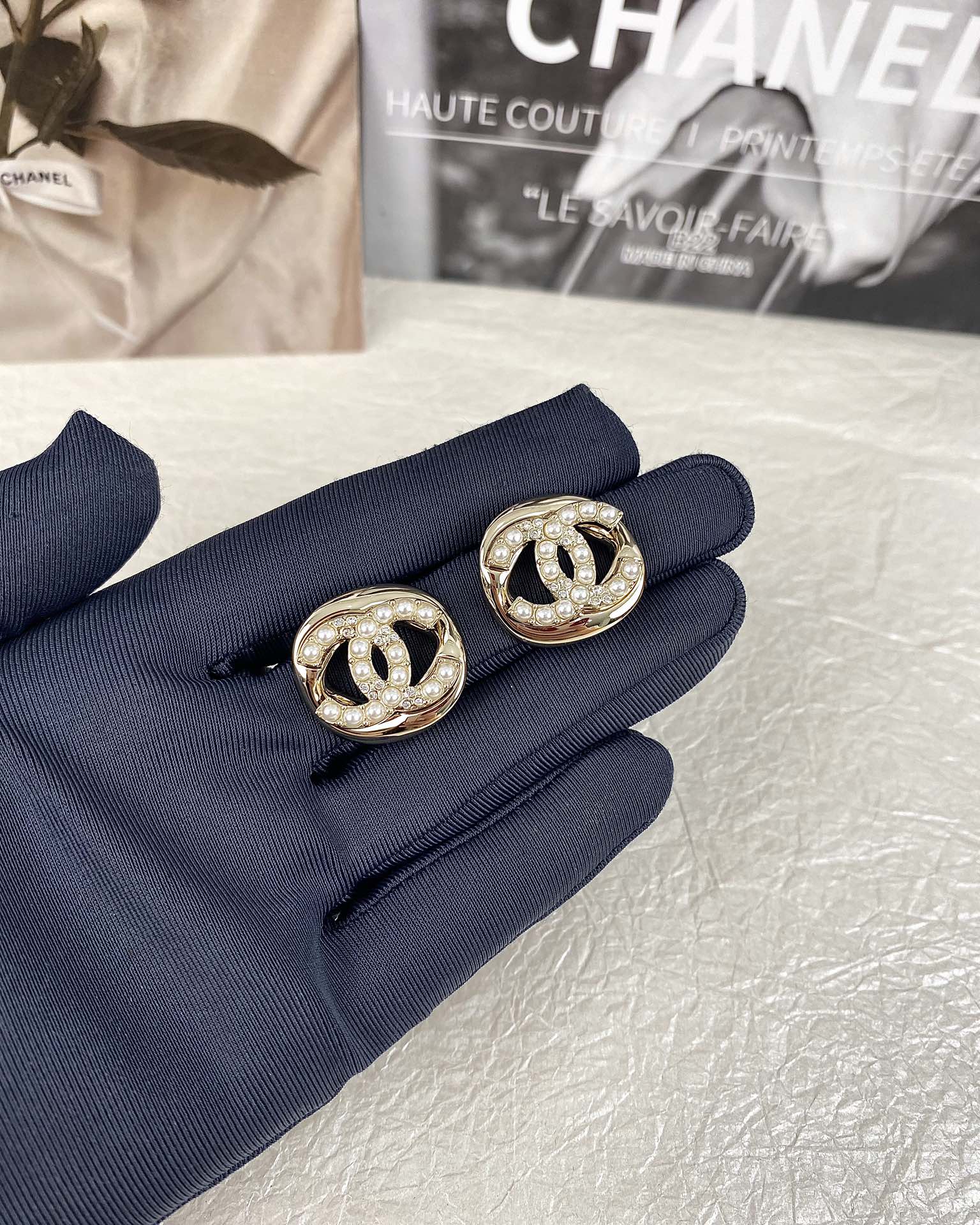 replica Chanel Diamond and Pearl  CC Pearl Stud Earrings - H Lin Jewelry