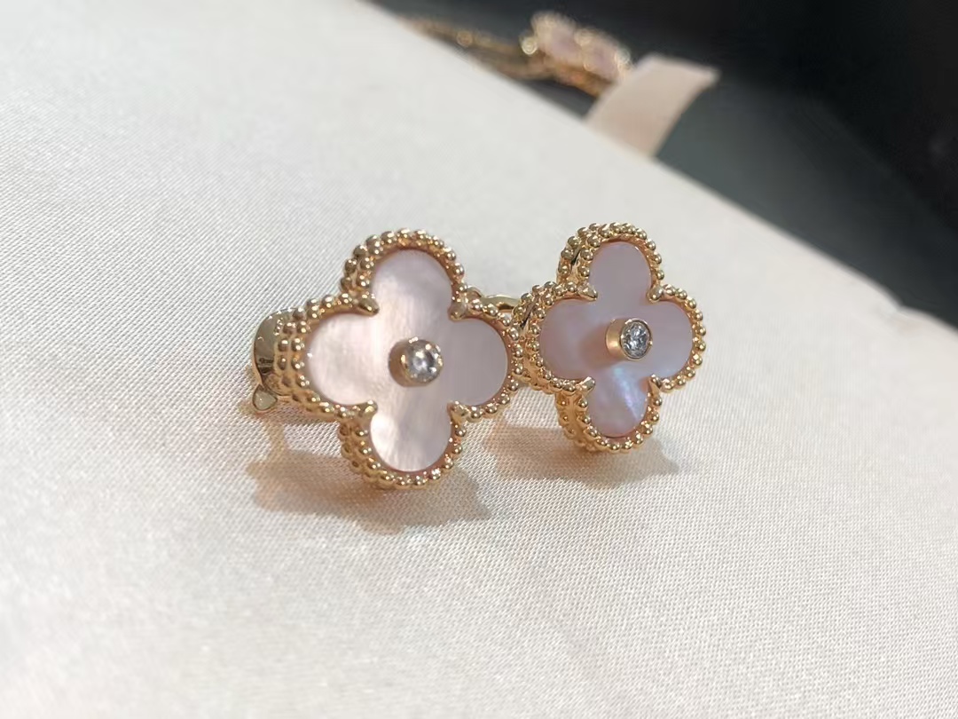 replica Van Cleef & Arpels Pink Mother of Pearl Clover Stud Earrings - H Lin Jewelry