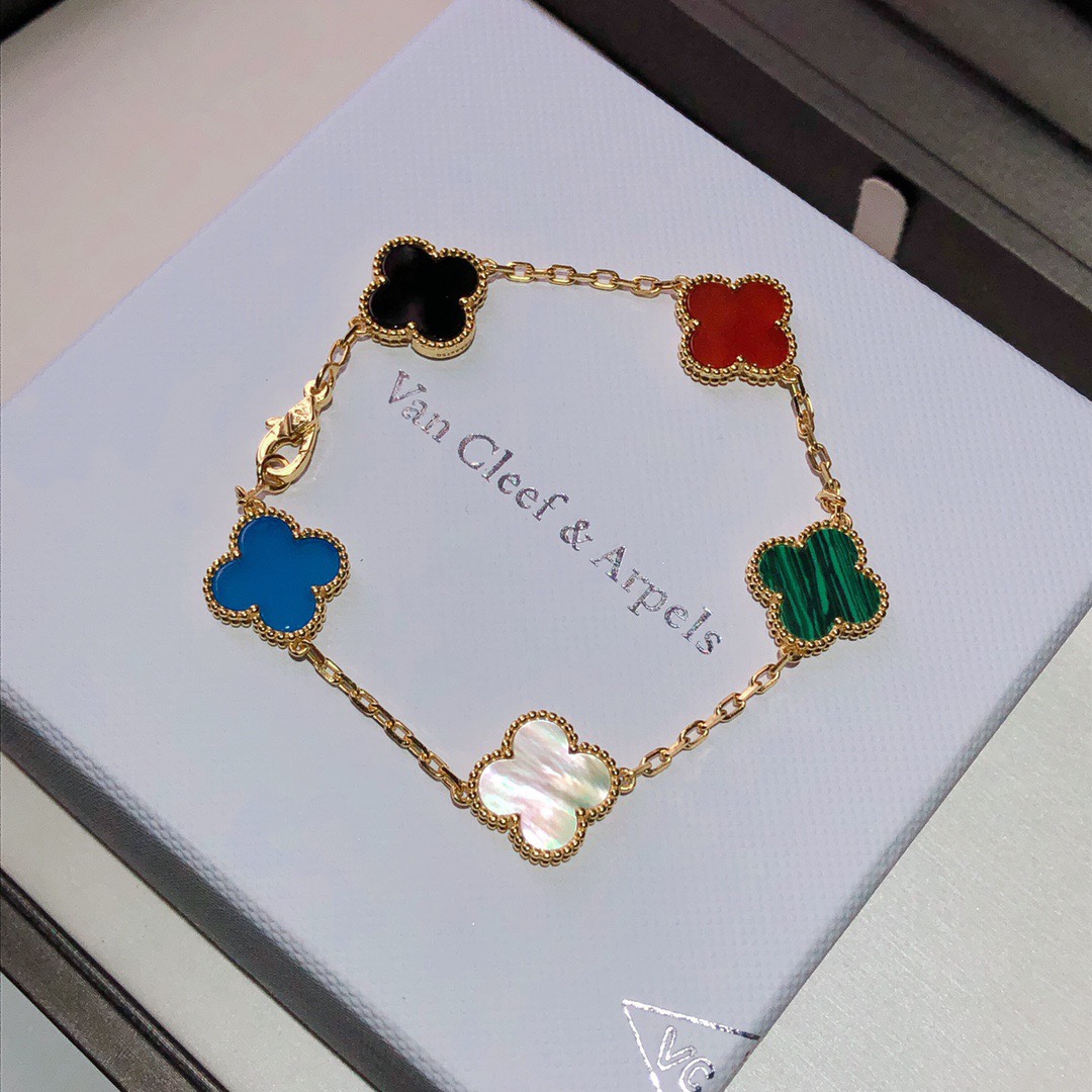 replica Van Cleef & Arpels 5 Colors Rainbow Vintage Alhambra Bracelet, 5 Motifs - H Lin Jewelry