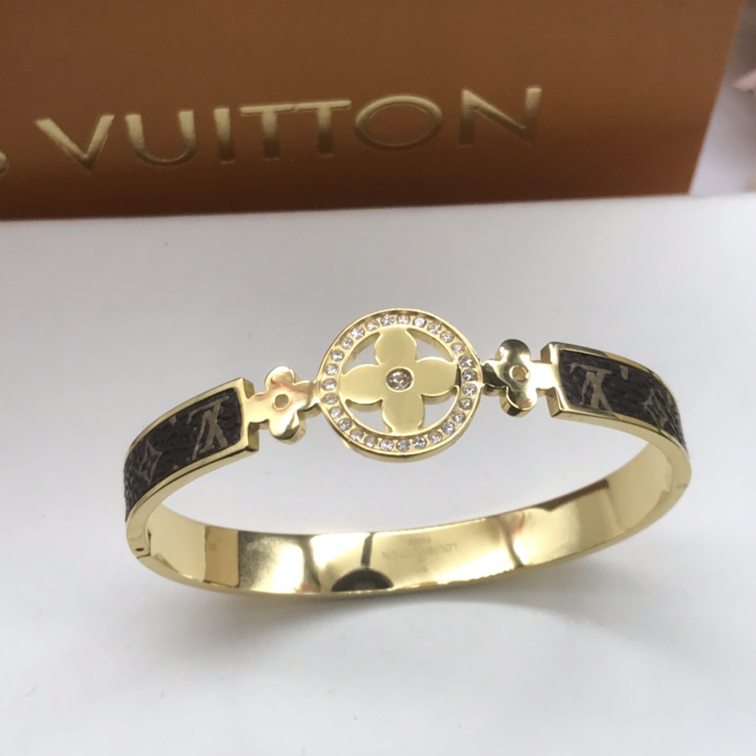 replica Louis Vuitton Diamond Hollow Sun Blossom Leather Bangle Bracelet - H Lin Jewelry