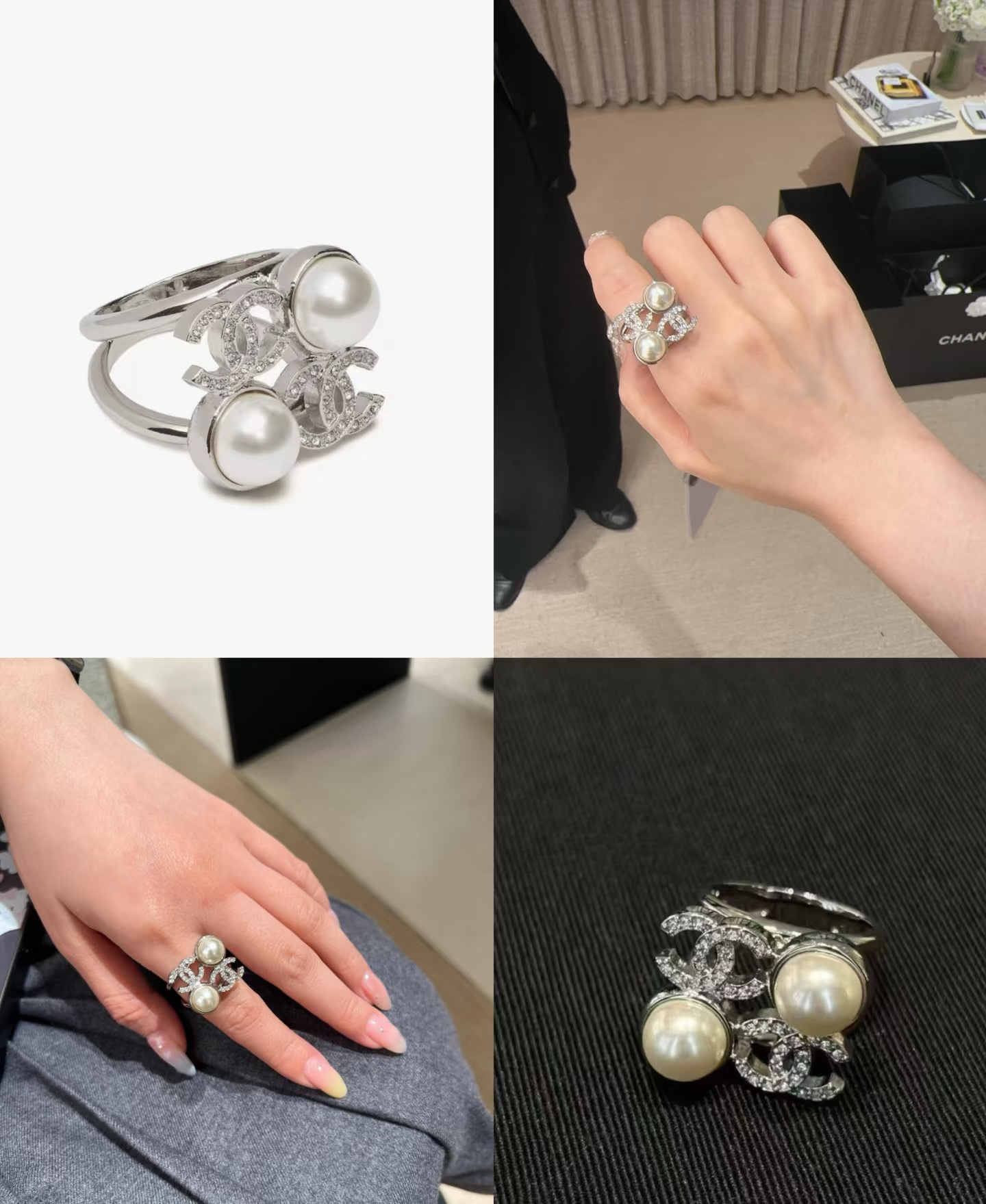 replica Chanel Two Pearls Coco Silver Ring - H Lin Jewelry