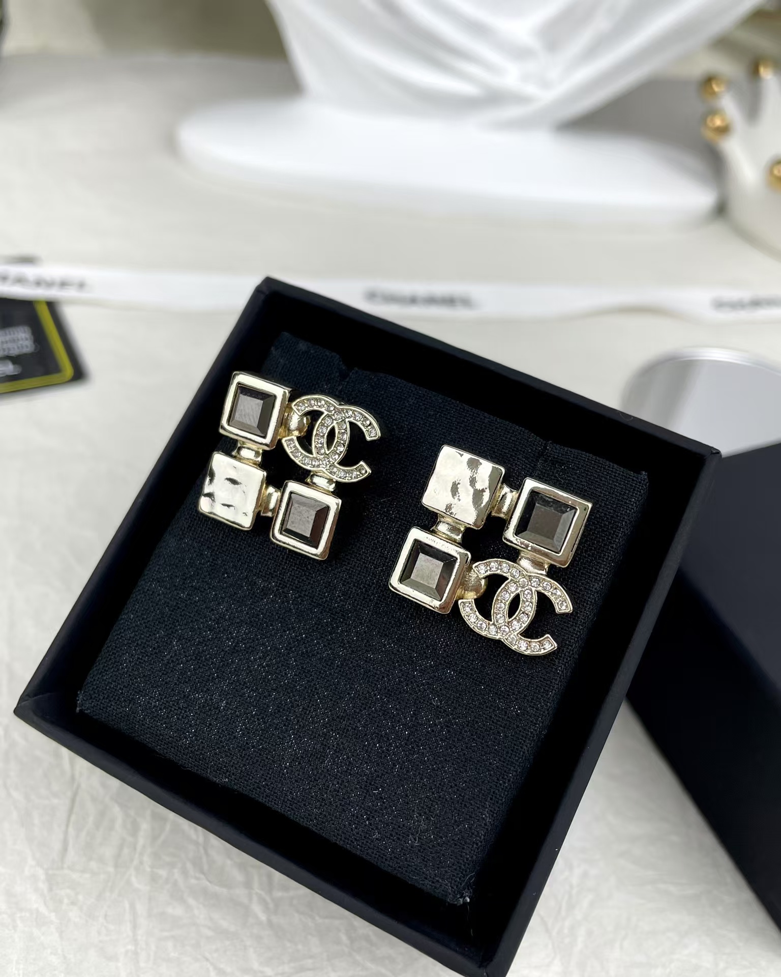 replica Chanel Square Rhinestone Earrings - H Lin Jewelry