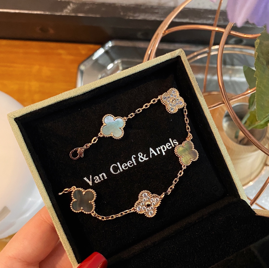 replica Van Cleef & Arpels Gray Mother of Pearl & Diamond Vintage Alhambra Bracelet, 5 Motifs - H Lin Jewelry