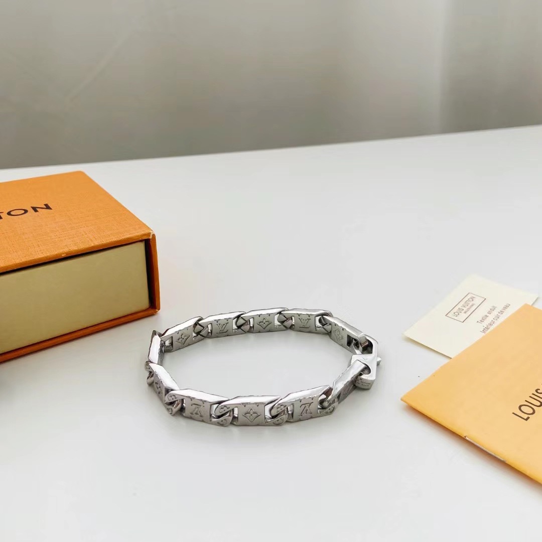 replica Louis Vuitton Silver Monogram Mens Bracelet - H Lin Jewelry