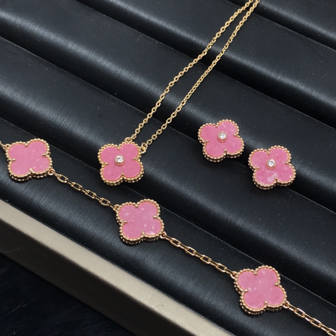 replica Van Cleef & Arpels Pink Vintage Alhambra Earrings Bracelet Necklace - H Lin Jewelry