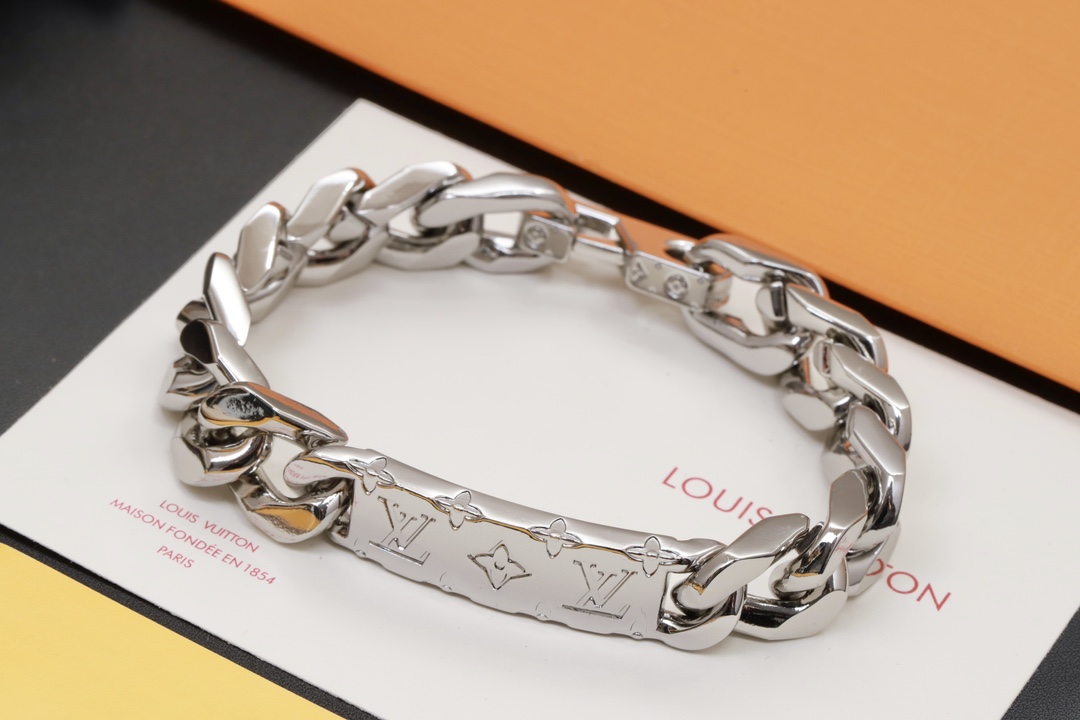 replica Louis Vuitton Men's Silver Color Chunky Cuban Bracelet - H Lin Jewelry