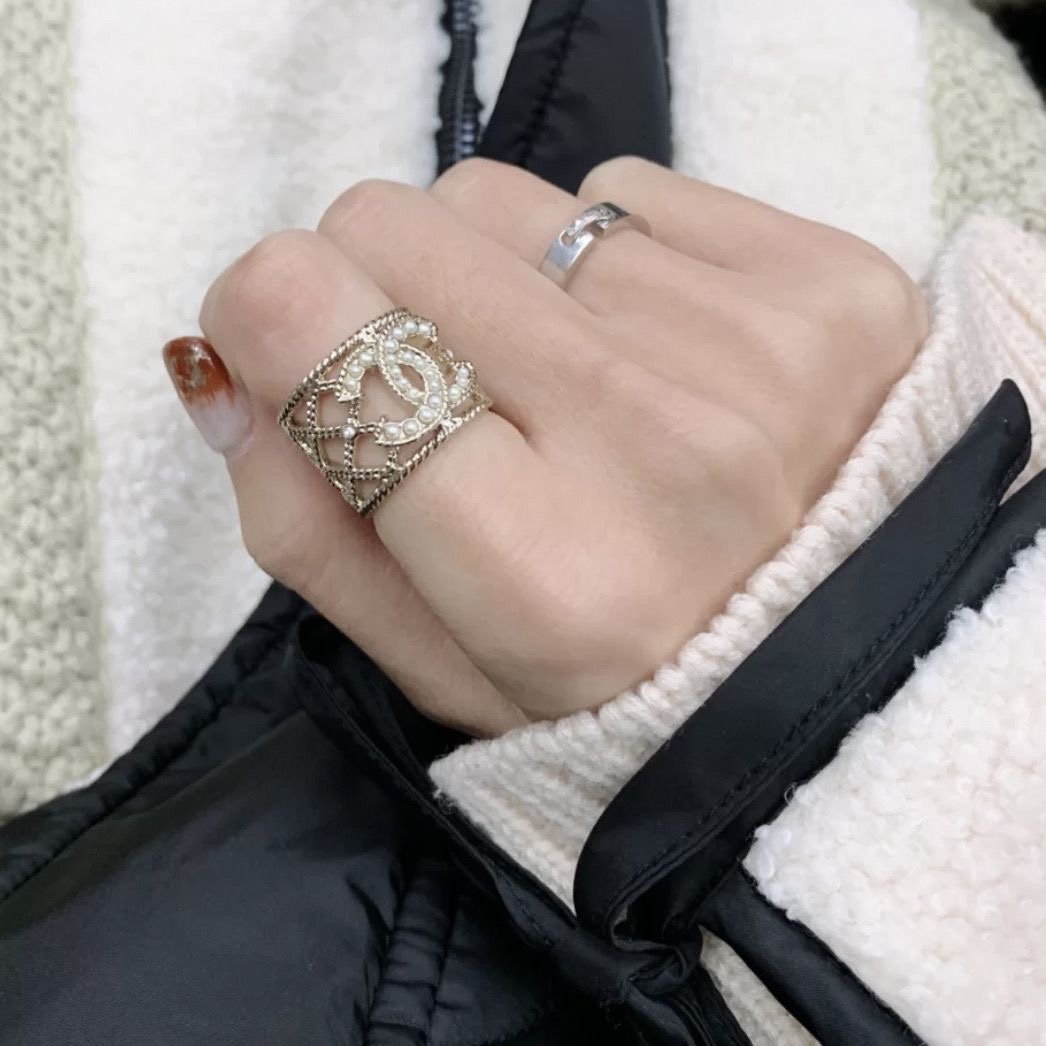replica Chanel Light Gold Hollow Pearl CC Ring - H Lin Jewelry
