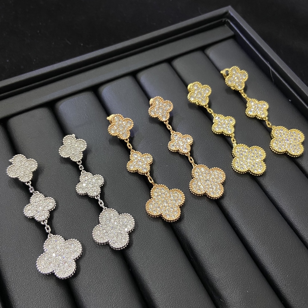 replica Van Cleef & Arpels Paved Full Diamond Long Clover Earrings - H Lin Jewelry