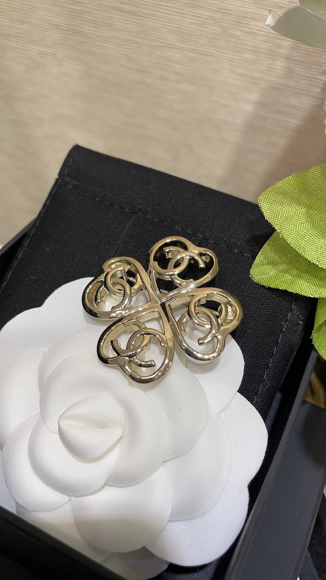 replica Chanel Light Gold Hollow Clover Brooch - H Lin Jewelry