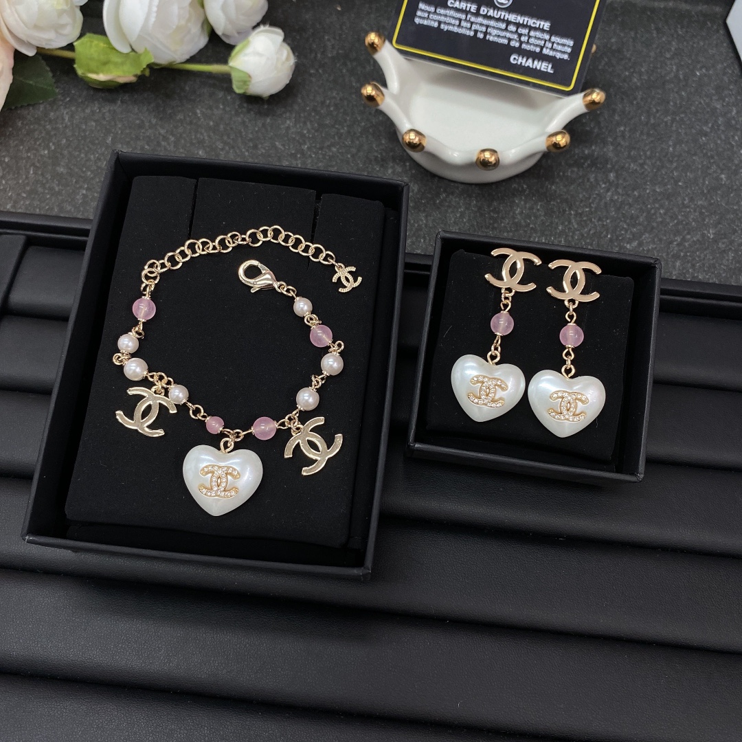 replica Chanel White Heart Pink Bead Bracelet Earrings - H Lin Jewelry