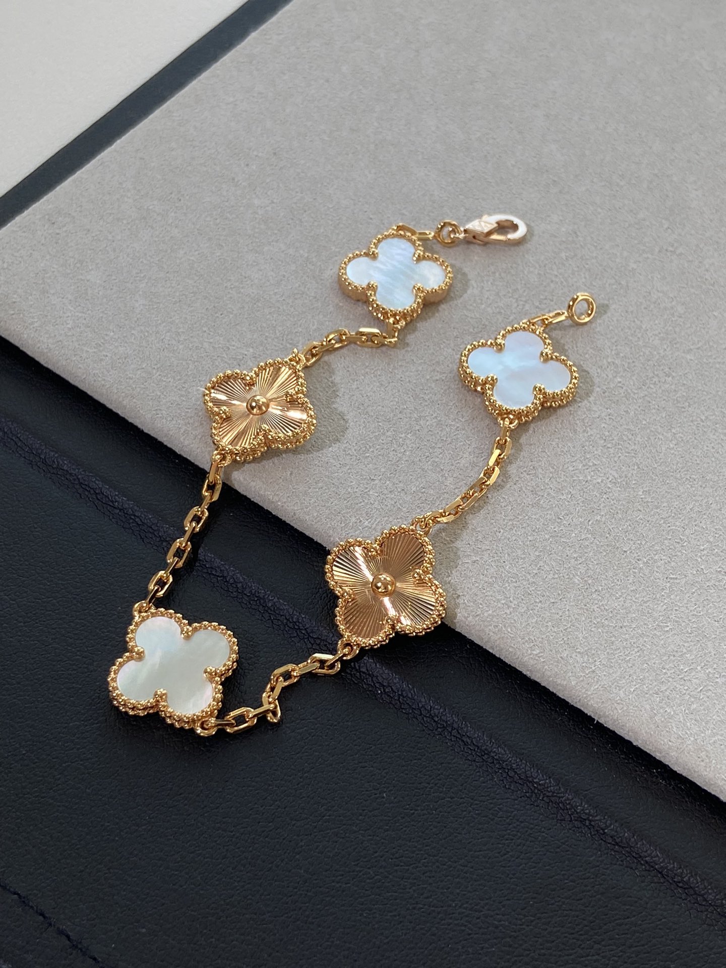 replica Van Cleef & Arpels Vintage Alhambra White and Gold Bracelet 5 Motifs - H Lin Jewelry