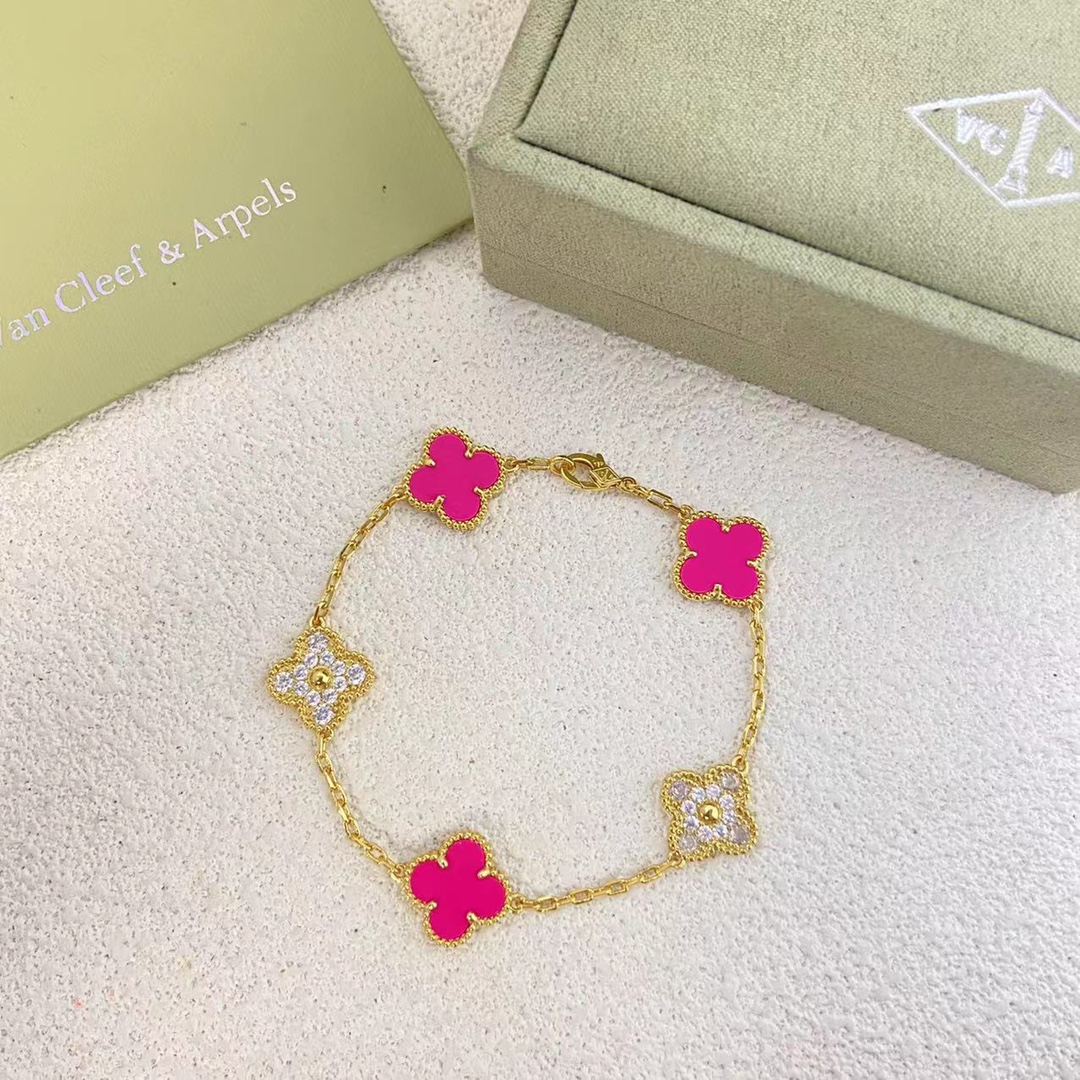 replica Van Cleef & Arpels Diamond and Rose Red Vintage Alhambra Bracelet 5 Motifs - H Lin Jewelry