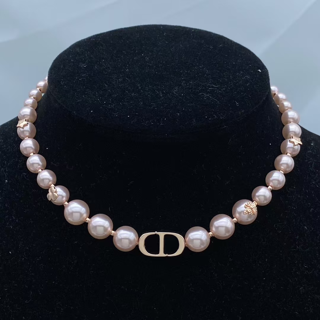 replica Dior Rose Gold Bee Pink Pearl CD Necklace - H Lin Jewelry