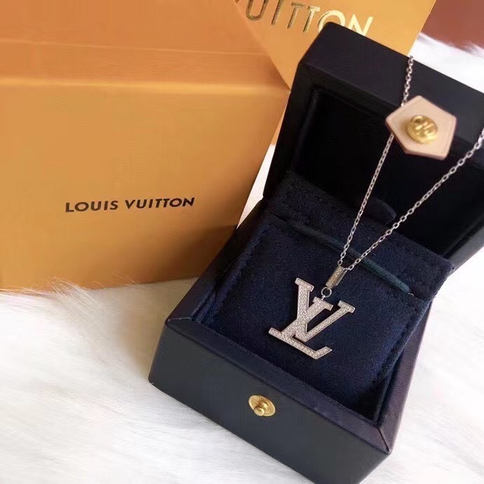 replica Louis Vuitton Full Diamond Silver LV Monogram Pendant Necklace - H Lin Jewelry
