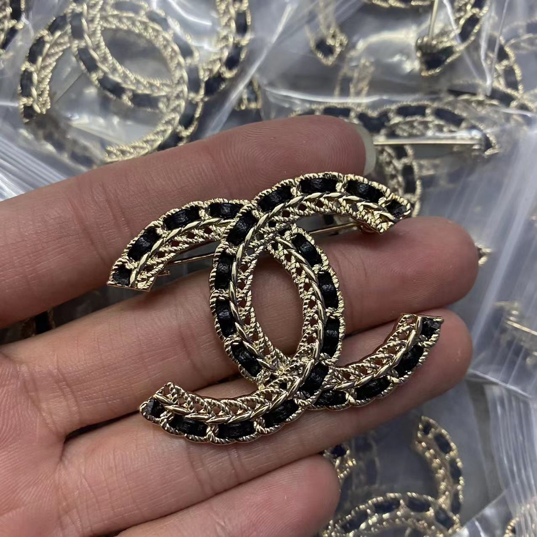 replica Chanel Black Leather Woven Brooch - H Lin Jewelry
