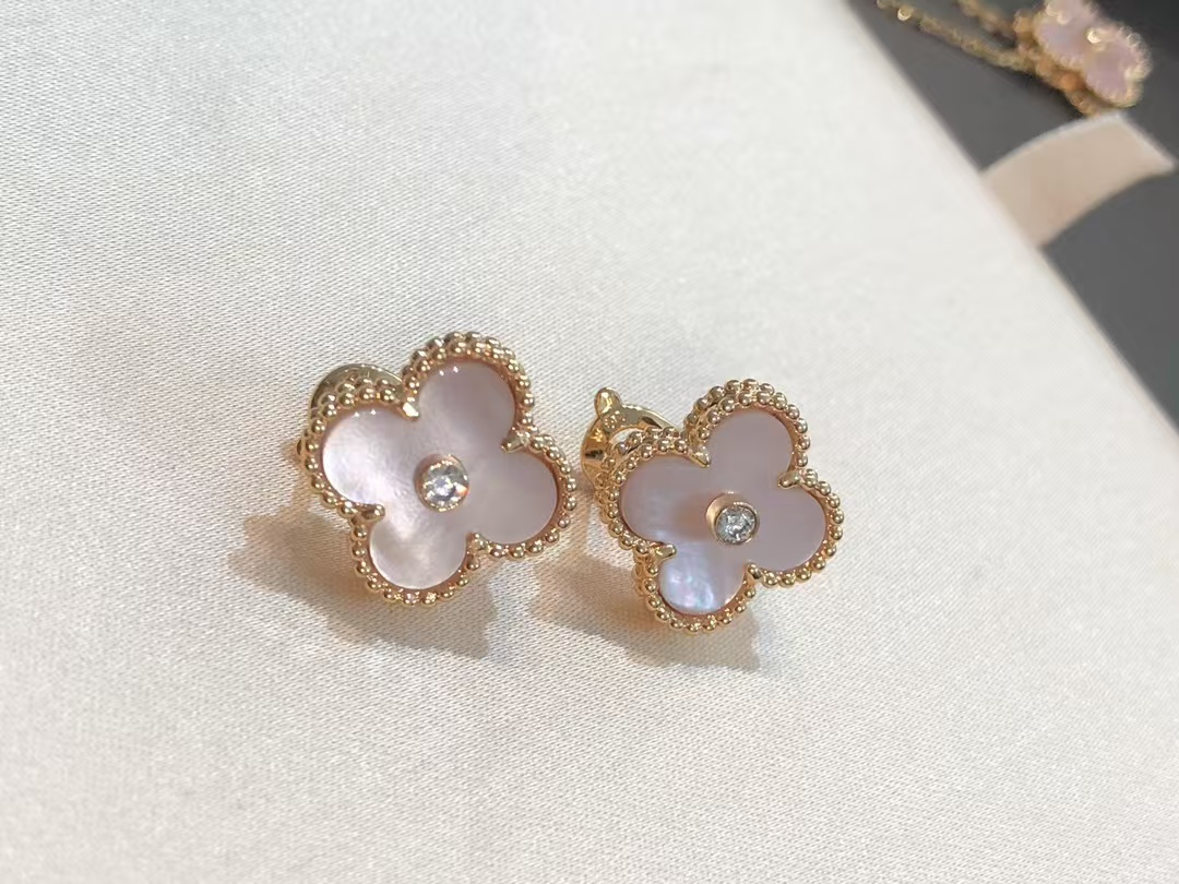 replica Van Cleef & Arpels Pink Mother of Pearl Clover Stud Earrings - H Lin Jewelry