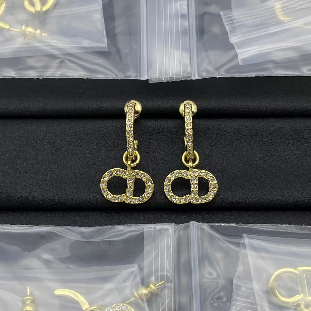 replica Dior Diamond Paved Gold CD Drop Earring - H Lin Jewelry