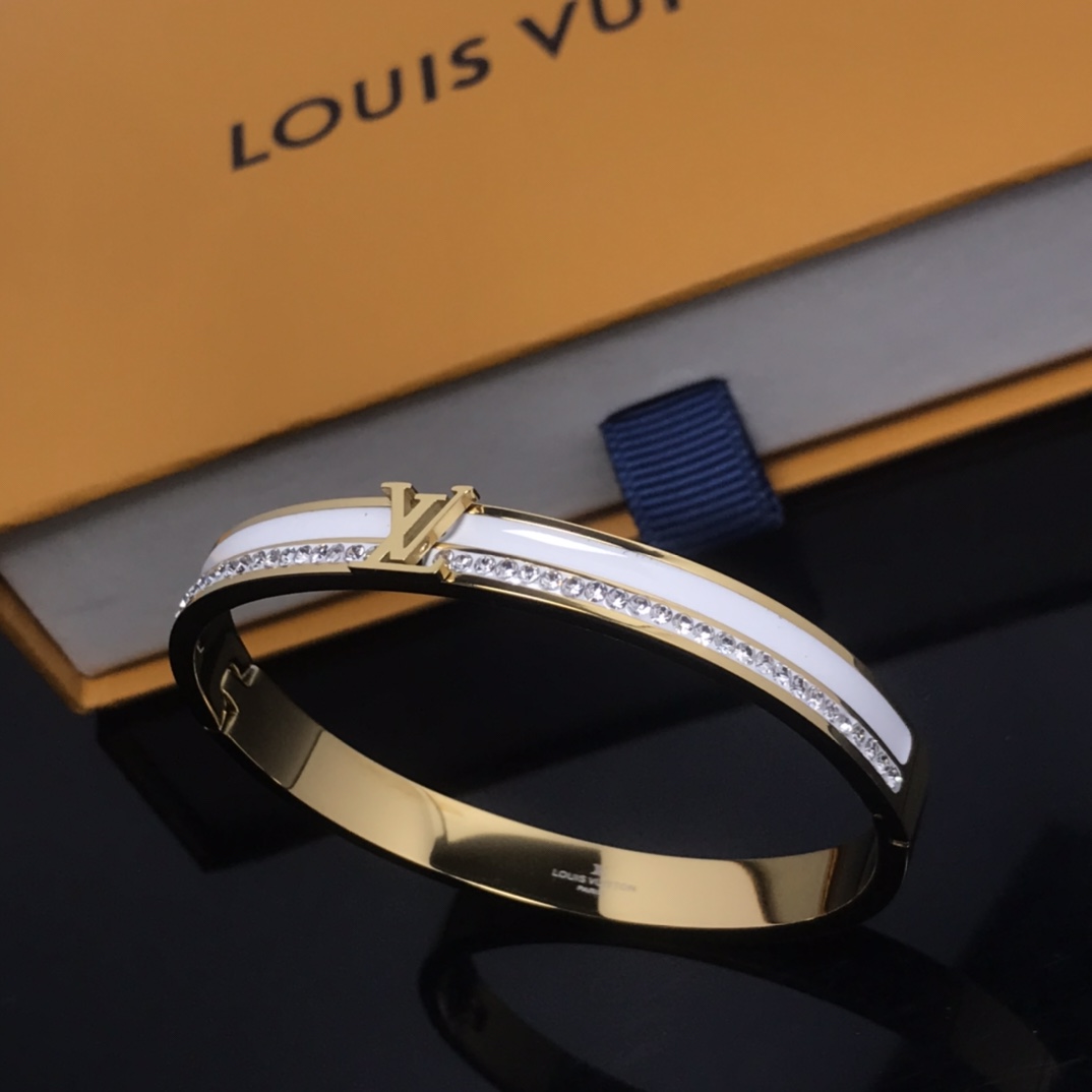 replica Louis Vuitton White Enamel Diamond LV Bangle Bracelet - H Lin Jewelry
