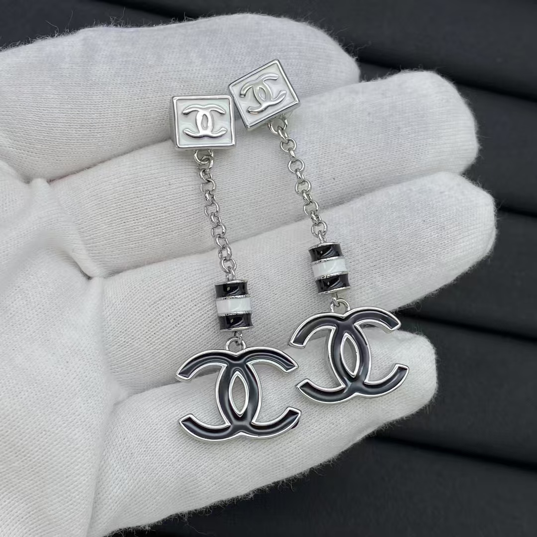 replica Chanel Black White Enamel Chain Tassel with Double C Earrings - H Lin Jewelry