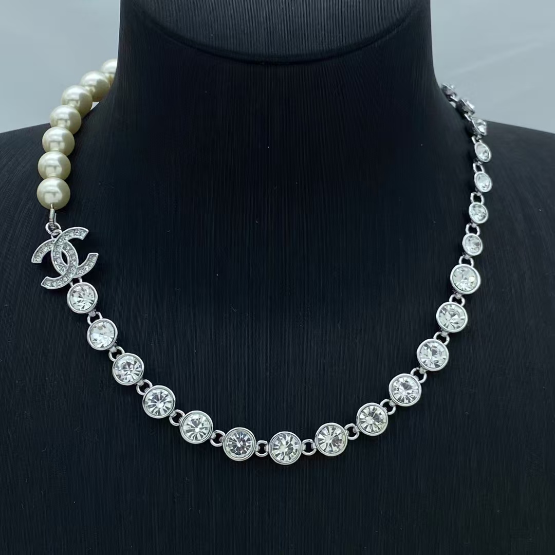 replica Chanel  Half Diamond Chain and Half Pearl Necklace - H Lin Jewelry