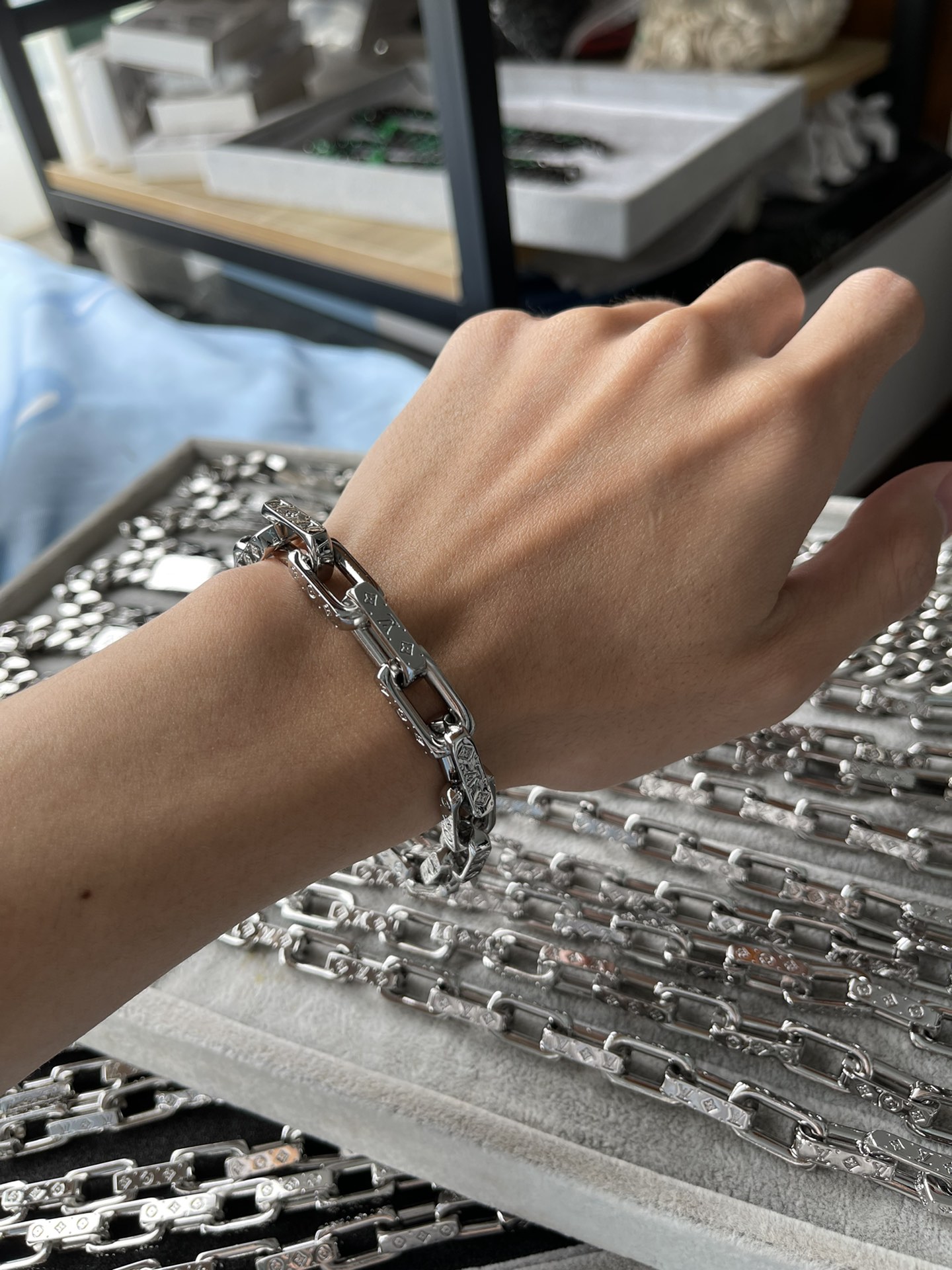 replica Louis Vuitton Silver Chunky Mens Bracelet - H Lin Jewelry