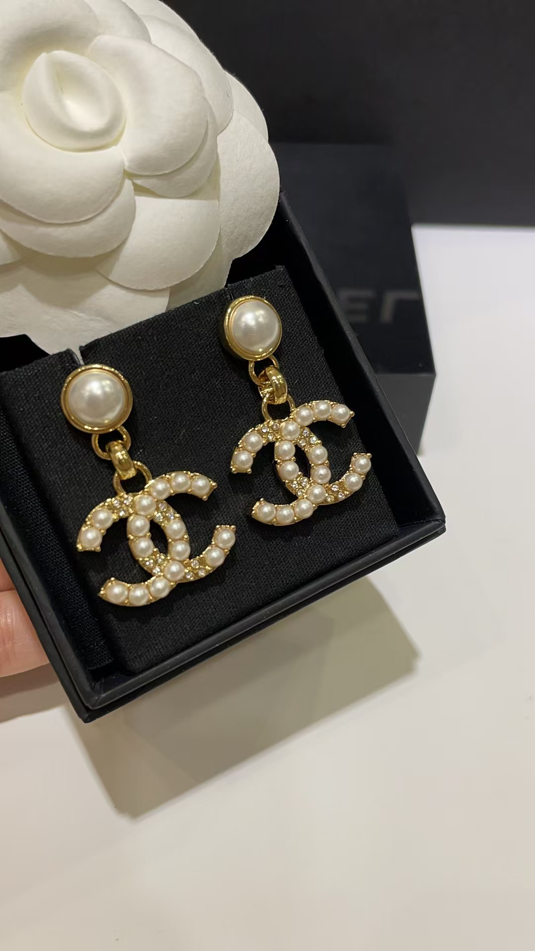 replica Chanel Pearl Paved Double C Earrings - H Lin Jewelry
