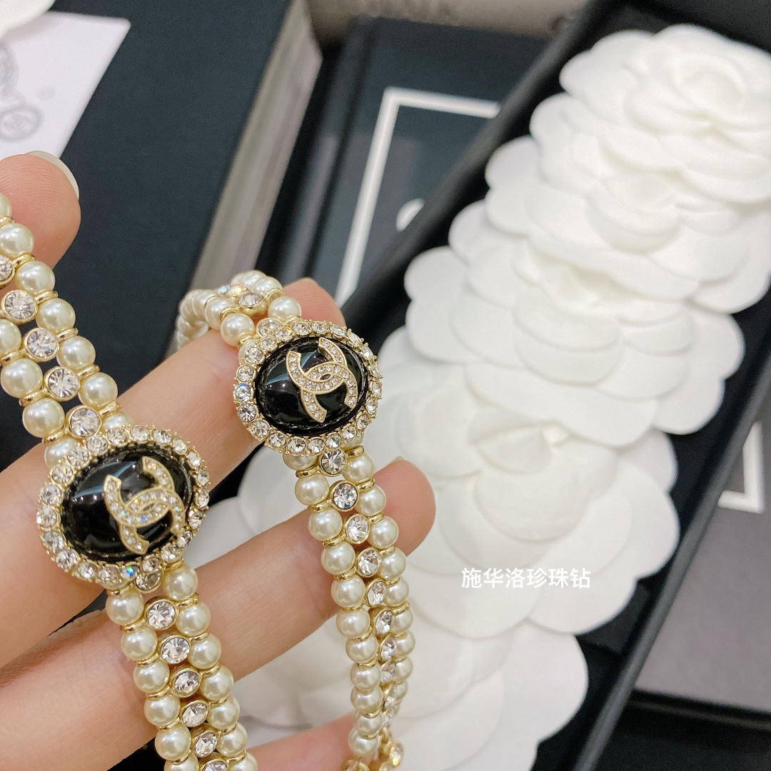 replica Chanel 3 Rows Pearl Rhinestone Bracelet Earrings Choker Necklace - H Lin Jewelry
