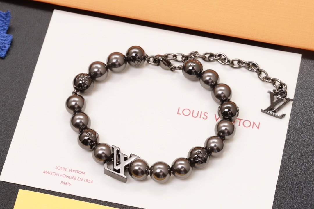 replica Louis Vuitton Black Beads Bracelet Men - H Lin Jewelry