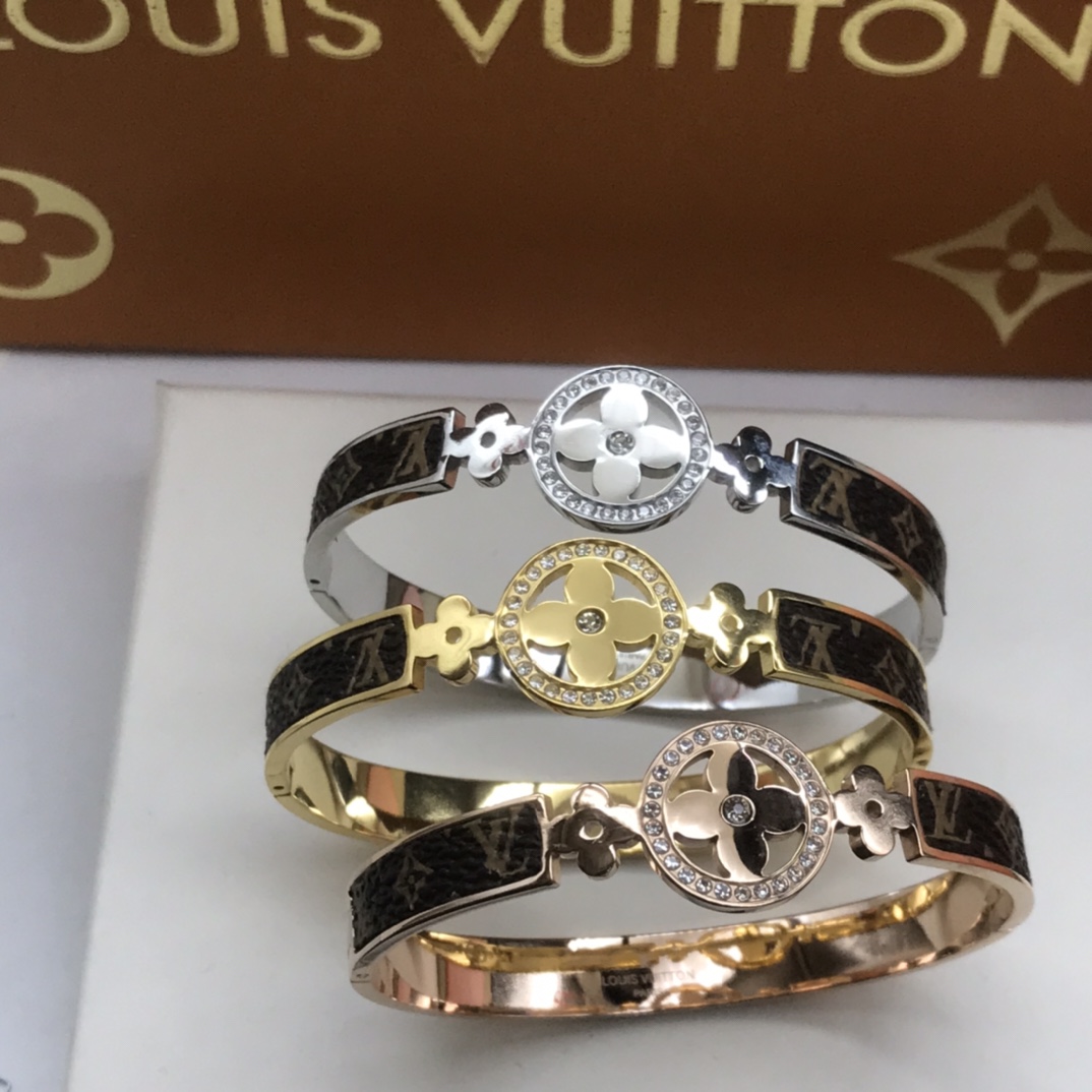 replica Louis Vuitton Diamond Hollow Sun Blossom Leather Bangle Bracelet - H Lin Jewelry