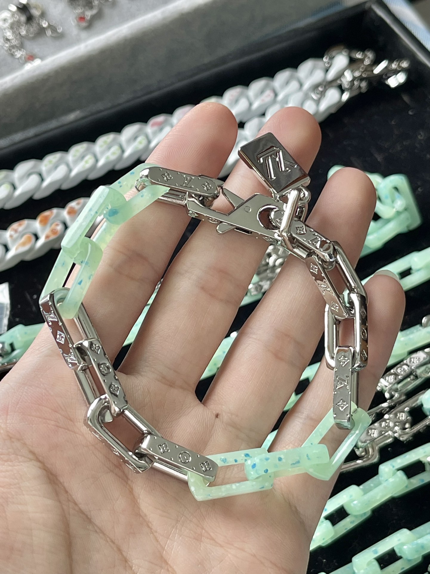 replica Louis Vuitton Green Silver Monogram Mens Bracelet - H Lin Jewelry