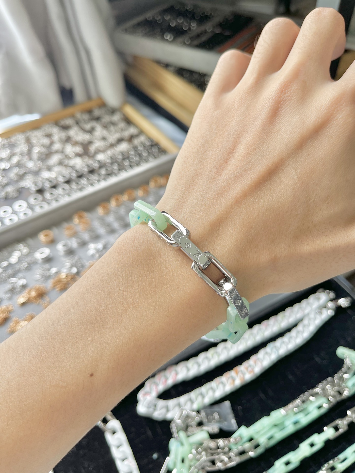 replica Louis Vuitton Green Silver Monogram Mens Bracelet - H Lin Jewelry