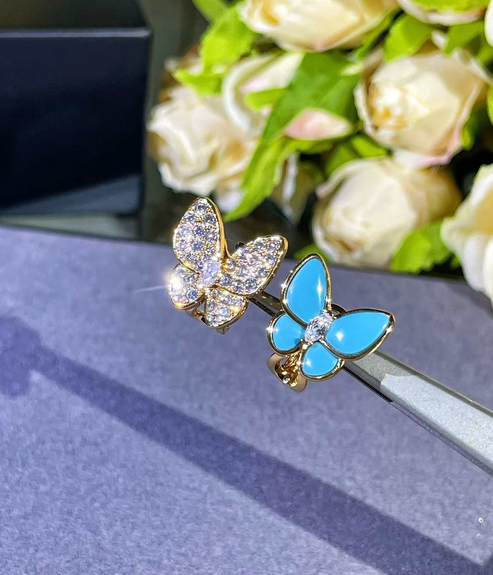 replica Van Cleef & Arpels Blue & Diamond Two Butterfly Earrings - H Lin Jewelry