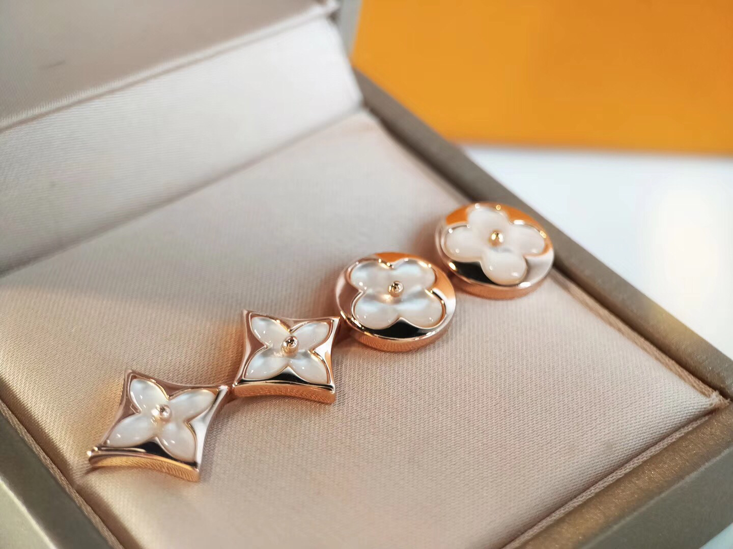 replica Louis Vuitton Dainty Rose Gold White Mother of Pearl Stud Earrings - H Lin Jewelry