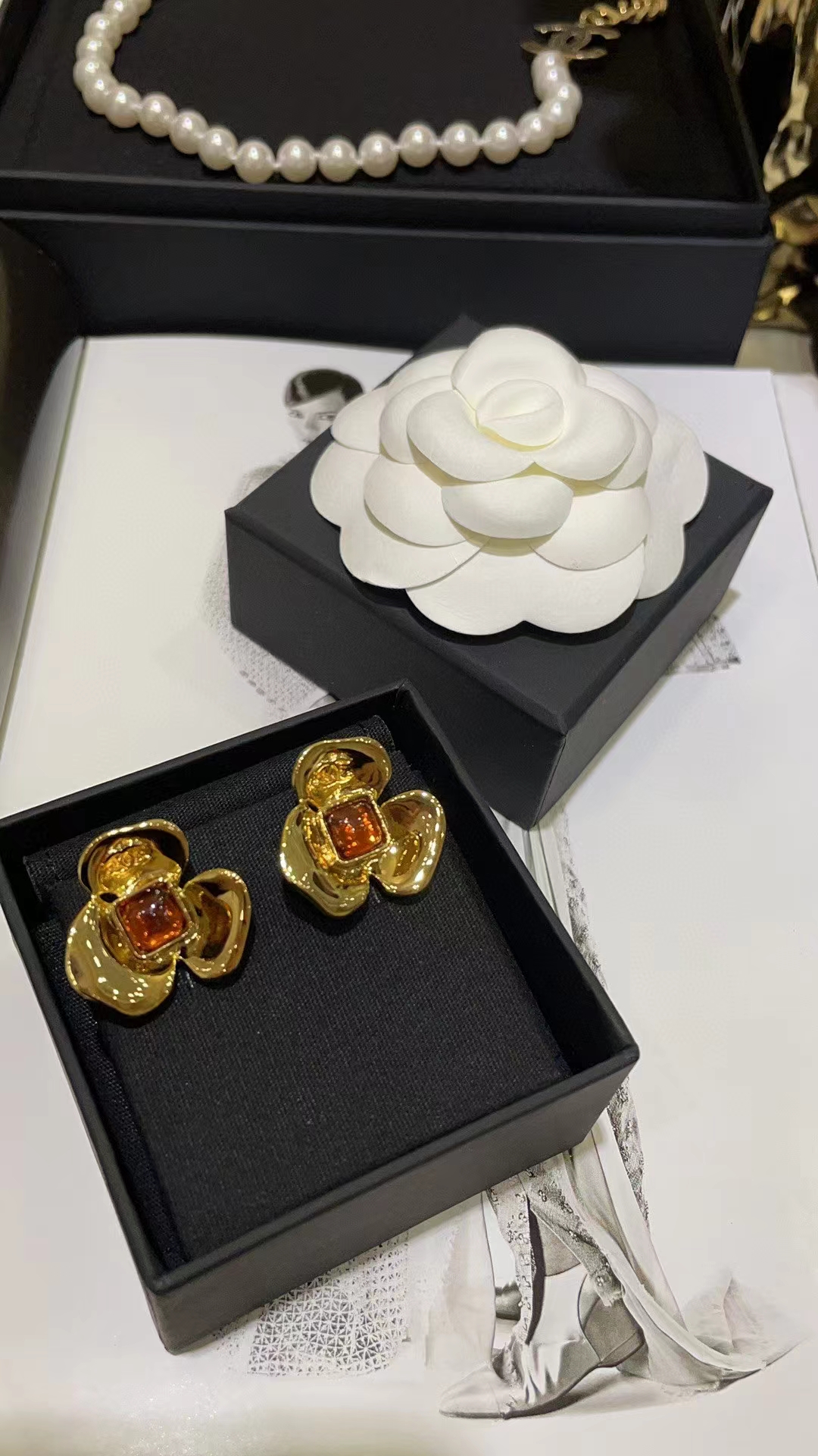 replica Chanel Gold Camellia Stud Earrings - H Lin Jewelry