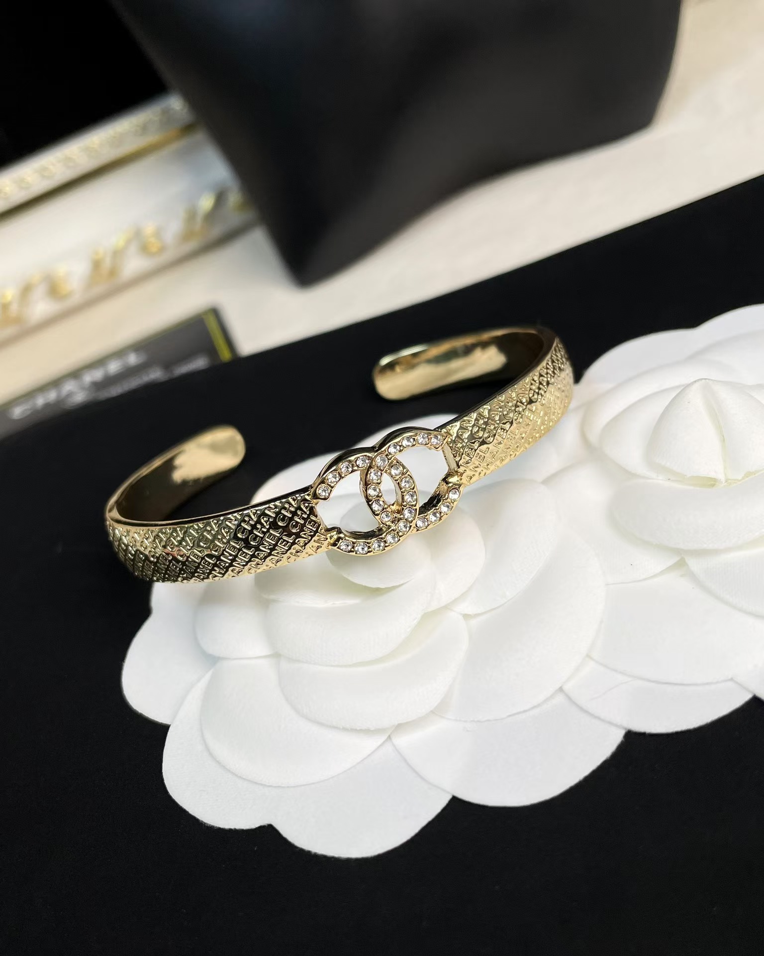 replica Chanel Hollow Diamond Paved Double C Open Bangle Bracelet - H Lin Jewelry