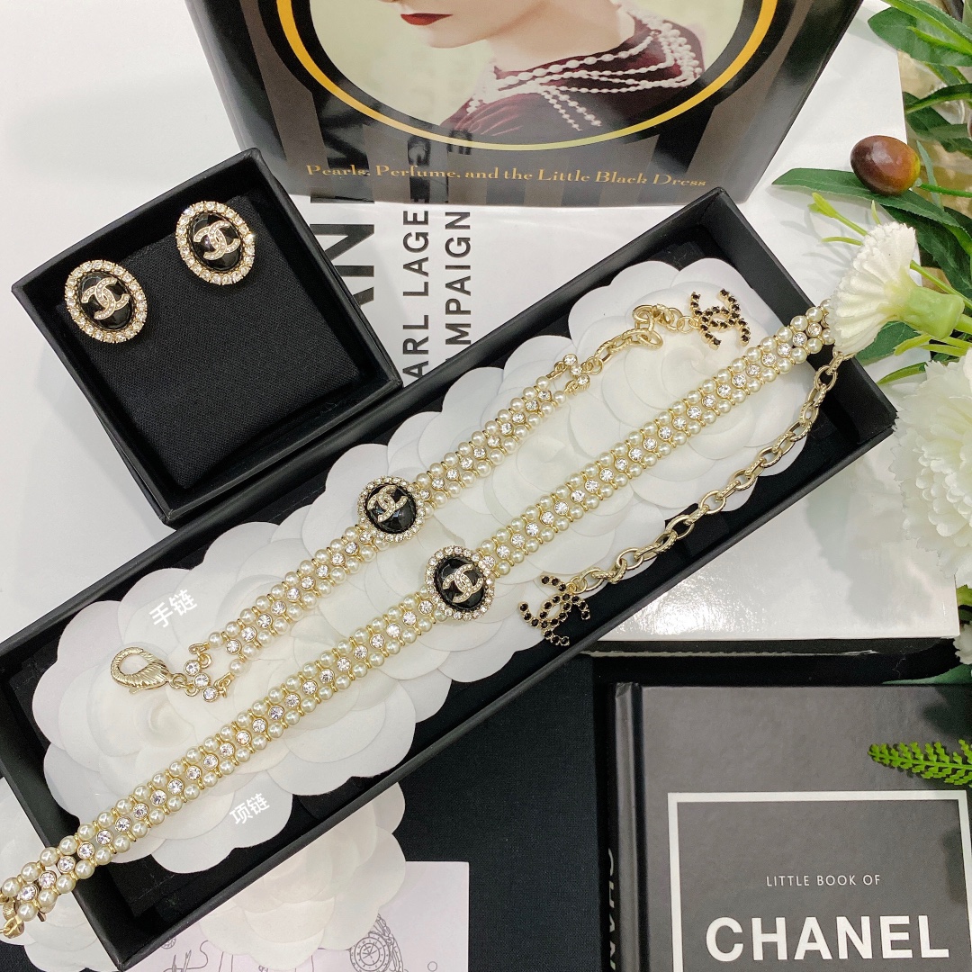 replica Chanel 3 Rows Pearl Rhinestone Bracelet Earrings Choker Necklace - H Lin Jewelry