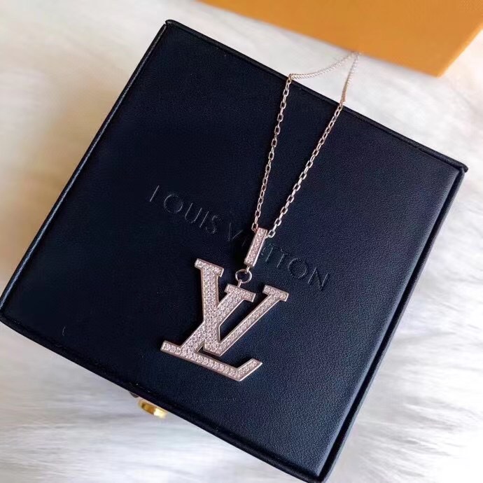 replica Louis Vuitton Full Diamond Silver LV Monogram Pendant Necklace - H Lin Jewelry