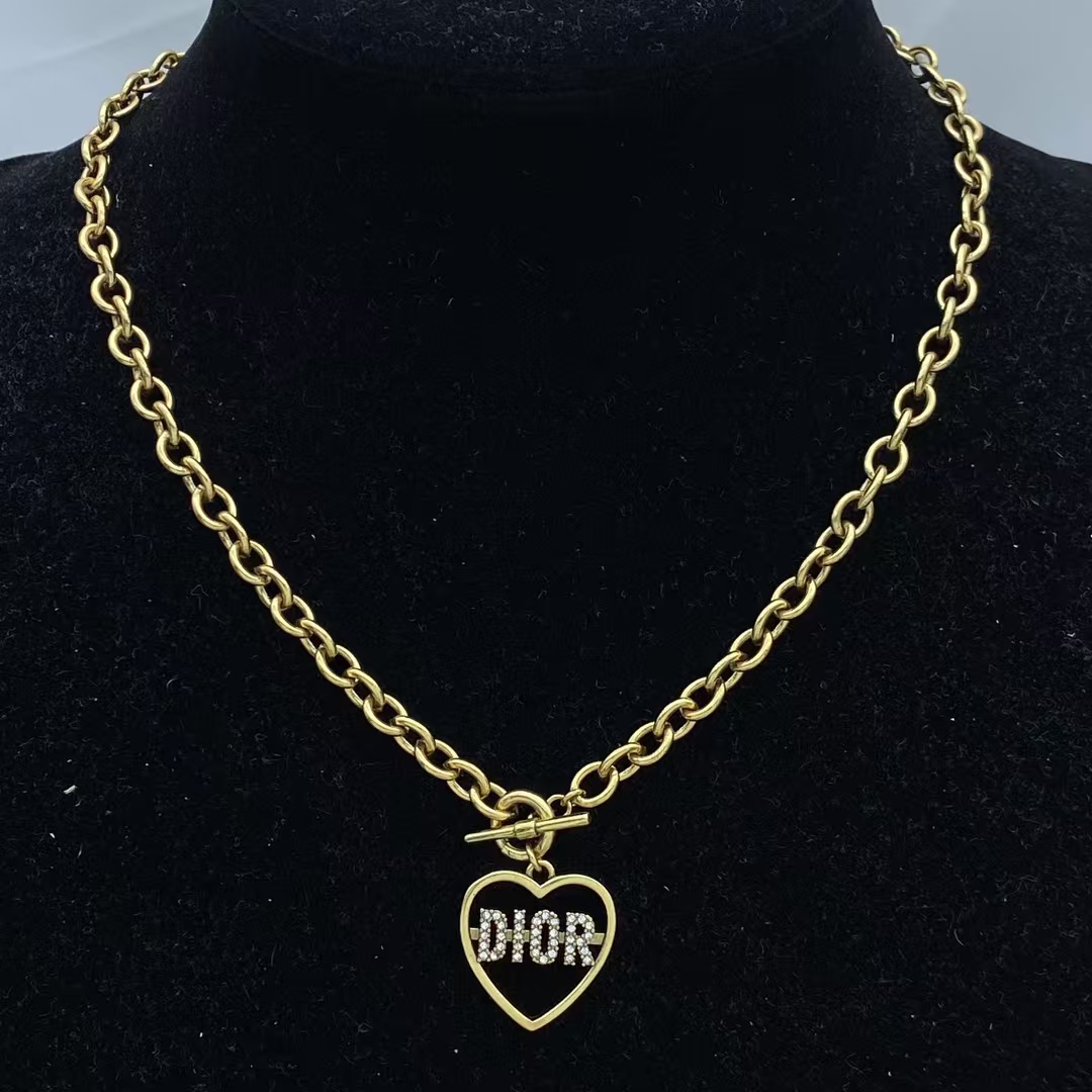 replica Dior Heart Pendant Chunky Cuban Gold Chain OT Clasp Necklace - H Lin Jewelry