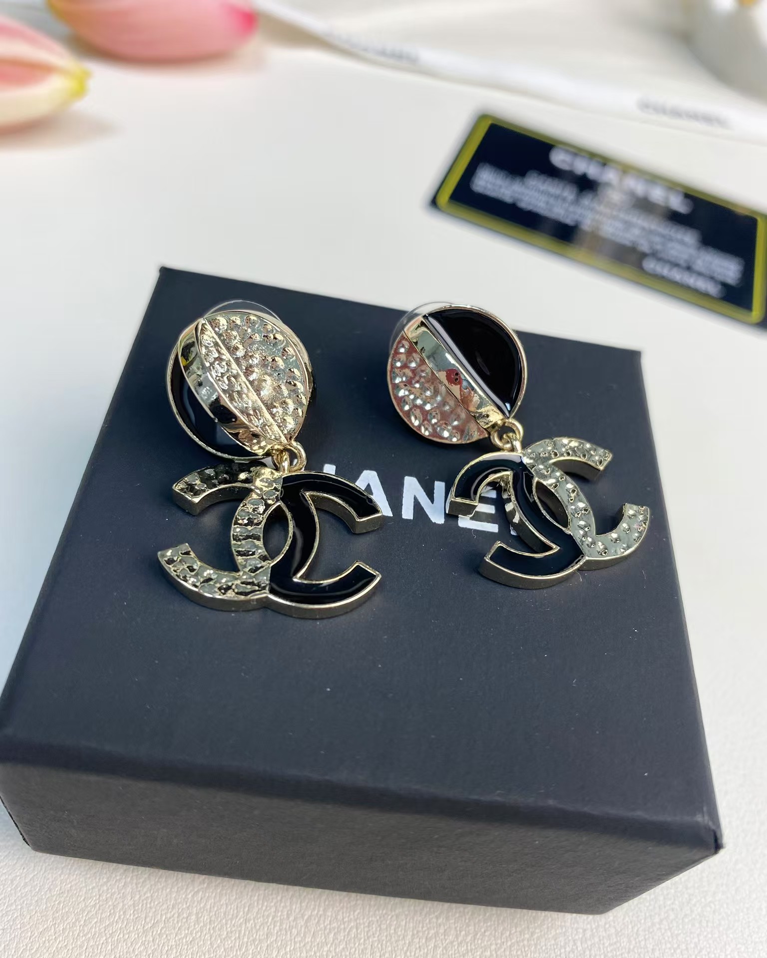 replica Chanel Half Black Enamel Double C Dangle Earrings - H Lin Jewelry