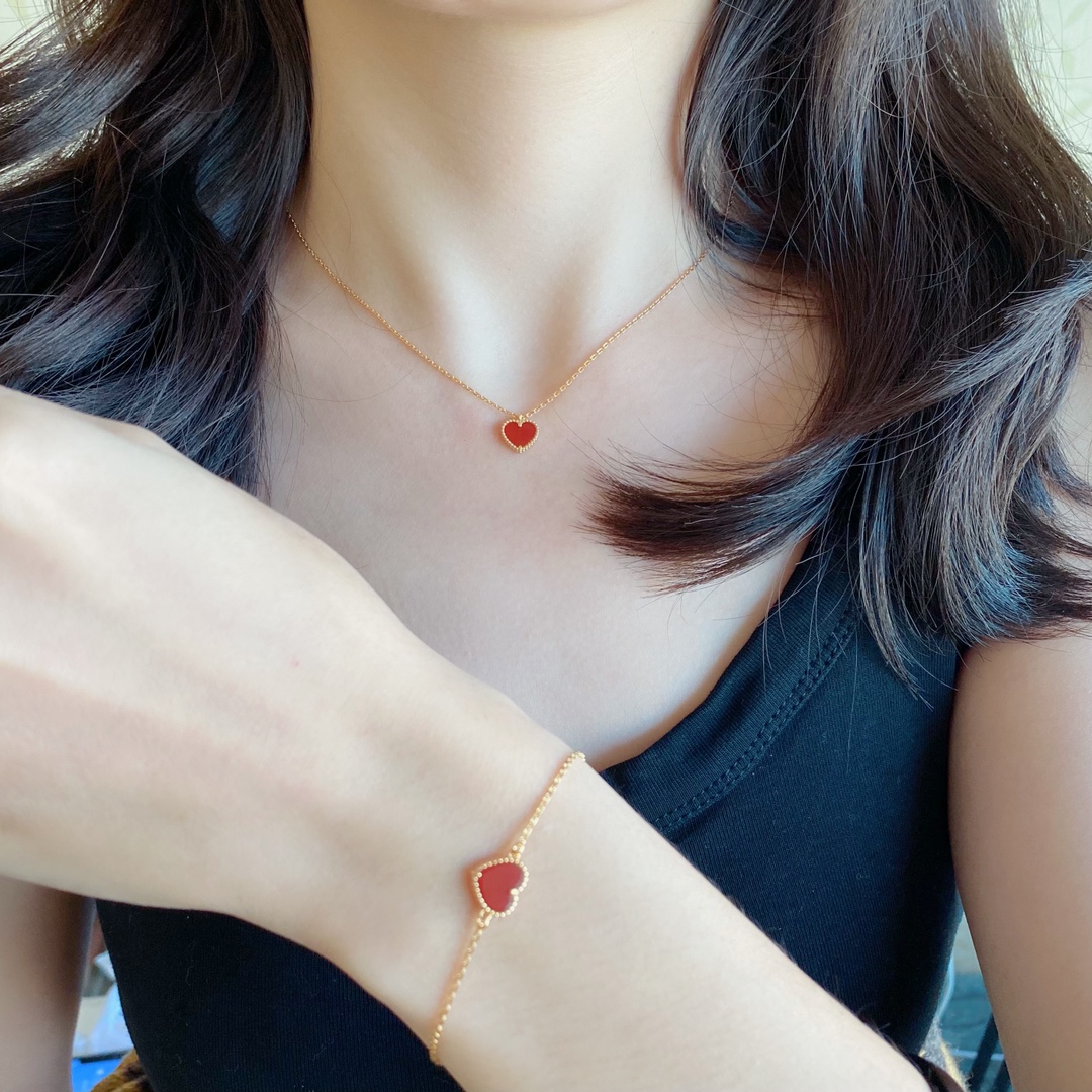 replica Van Cleef & Arpels Yellow Gold Red Sweet Heart Earrings Bracelet Necklace - H Lin Jewelry