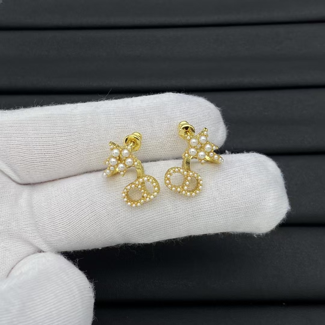 replica Dior Pearl Paved Star CD Drop Earrings - H Lin Jewelry