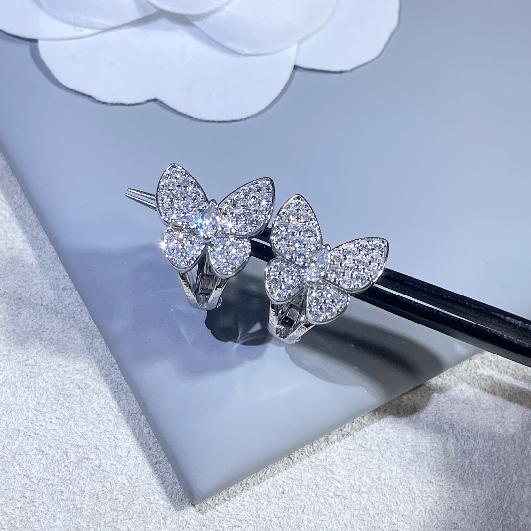 replica Van Cleef & Arpels Paved Diamond Silver Butterfly Earrings - H Lin Jewelry