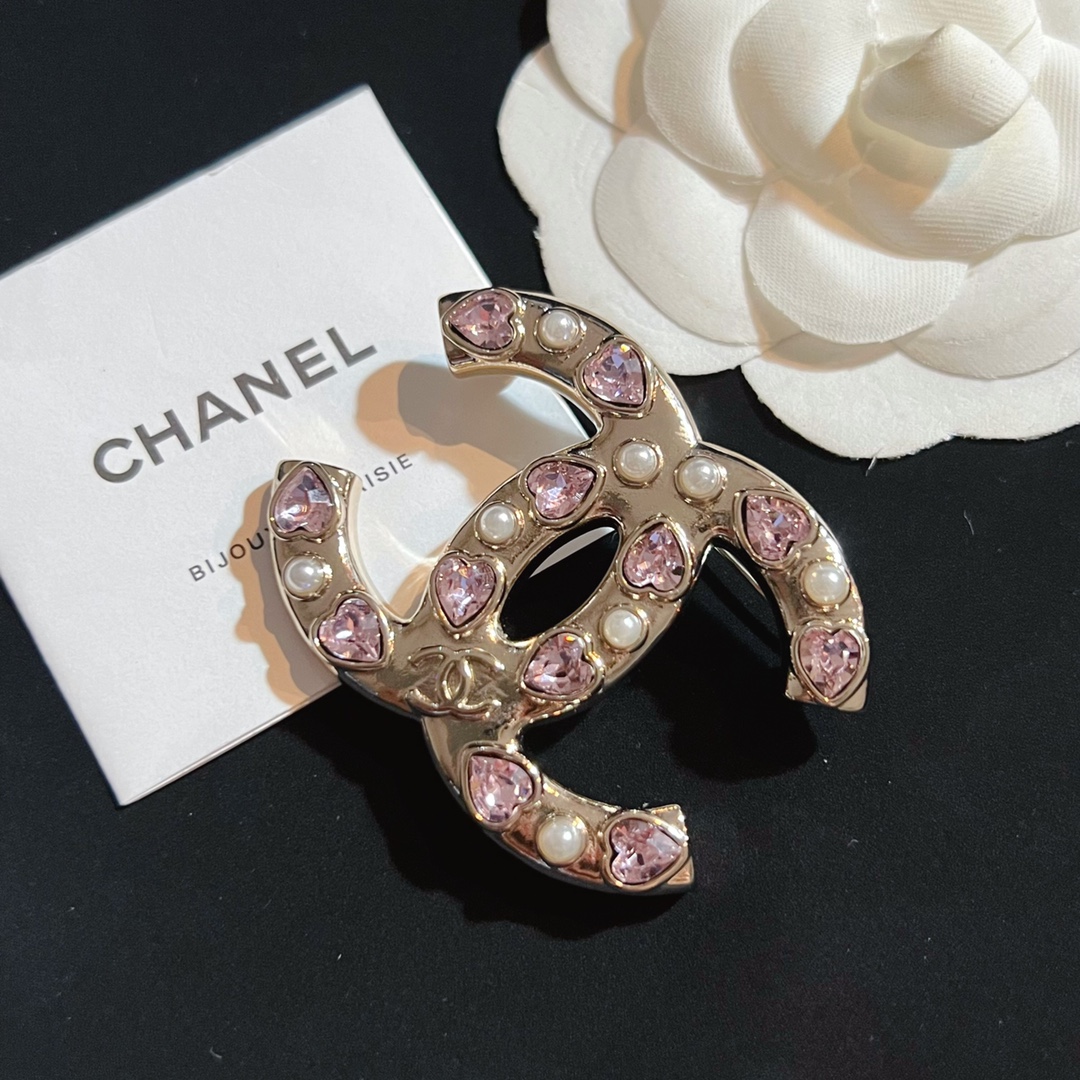 replica Chanel Pink Heart Diamond Paved CC Brooch - H Lin Jewelry