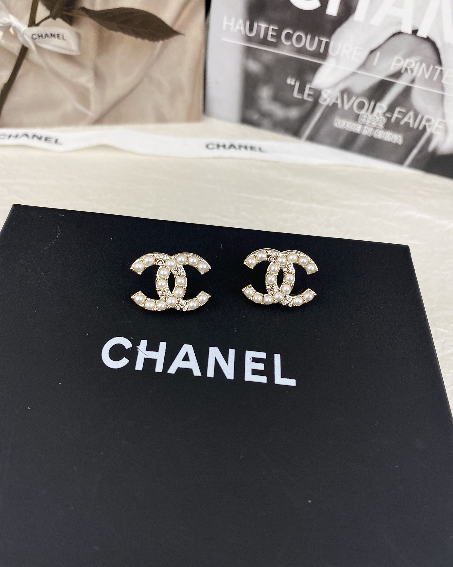 replica Chanel Pearl and Diamond Paved CC Earrings - H Lin Jewelry