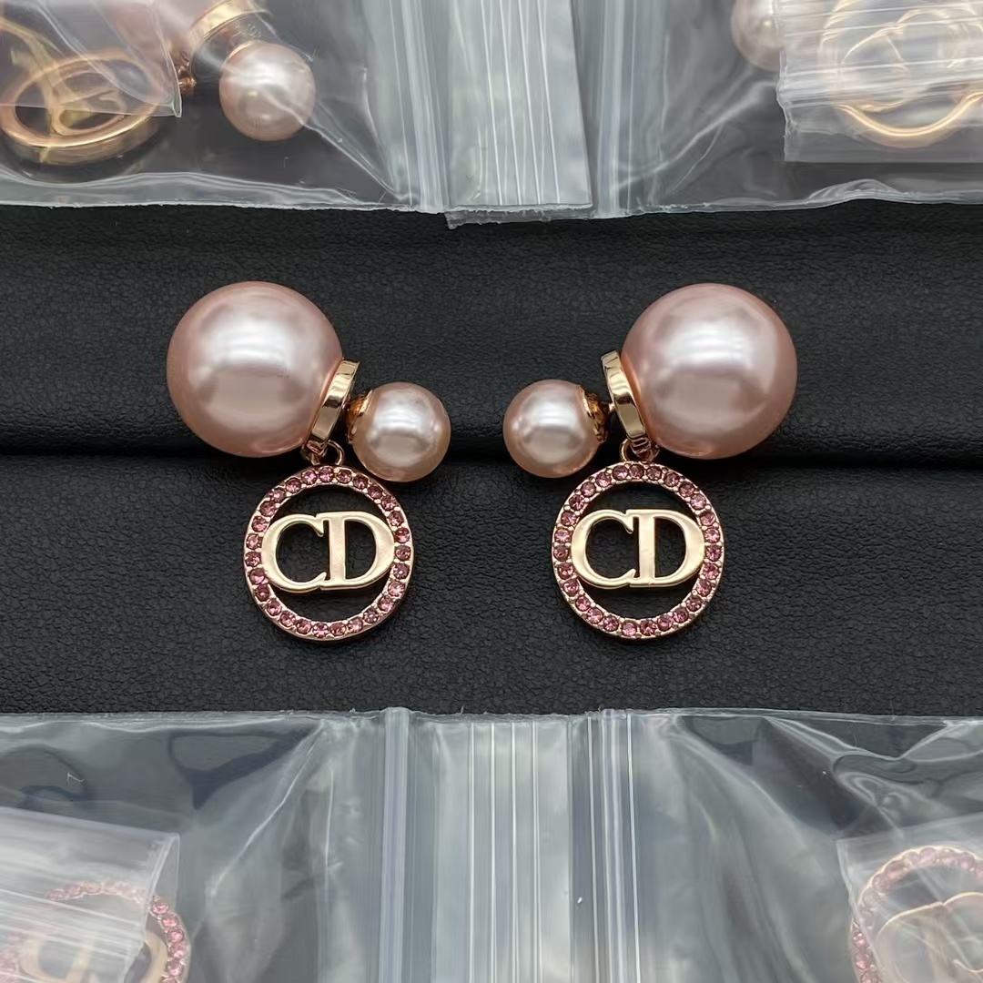 replica Dior Rose Gold CD Dangle Pink Pearl Earrings - H Lin Jewelry