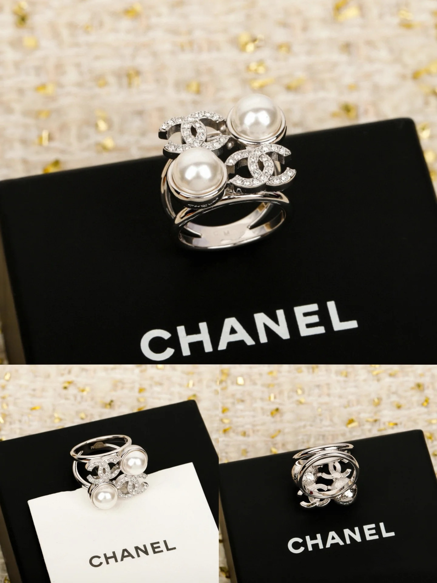 replica Chanel Two Pearls Coco Silver Ring - H Lin Jewelry